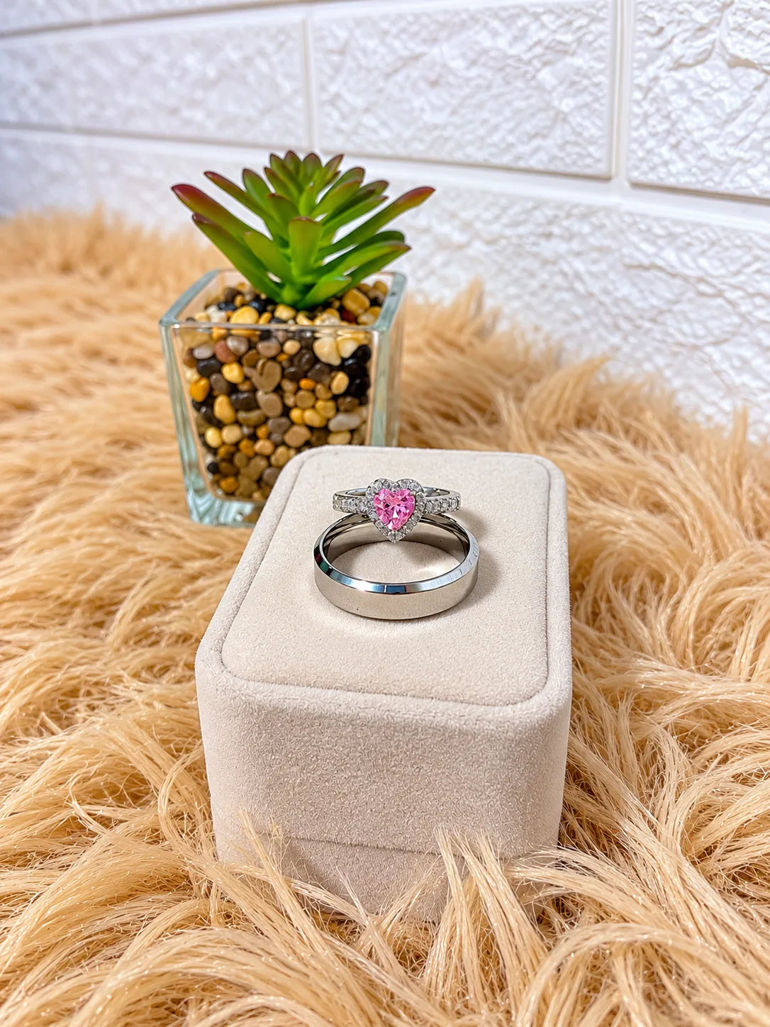 Dúo de Anillos Corazón Rosa Plateado