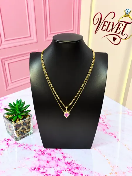 Collar Doble Corazón Rosa