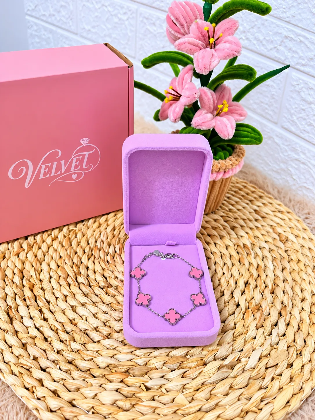 Pulsera Tréboles Rosados Plateada