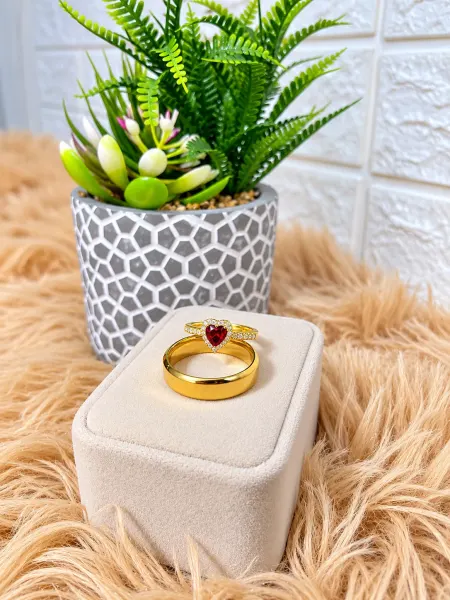 Dúo de Anillos Corazón Rojo Dorado