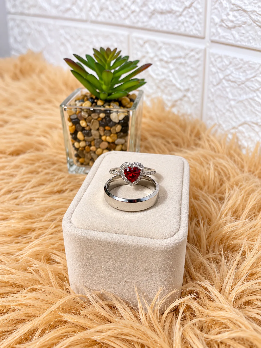 Dúo de Anillos Corazón Rojo Plateado