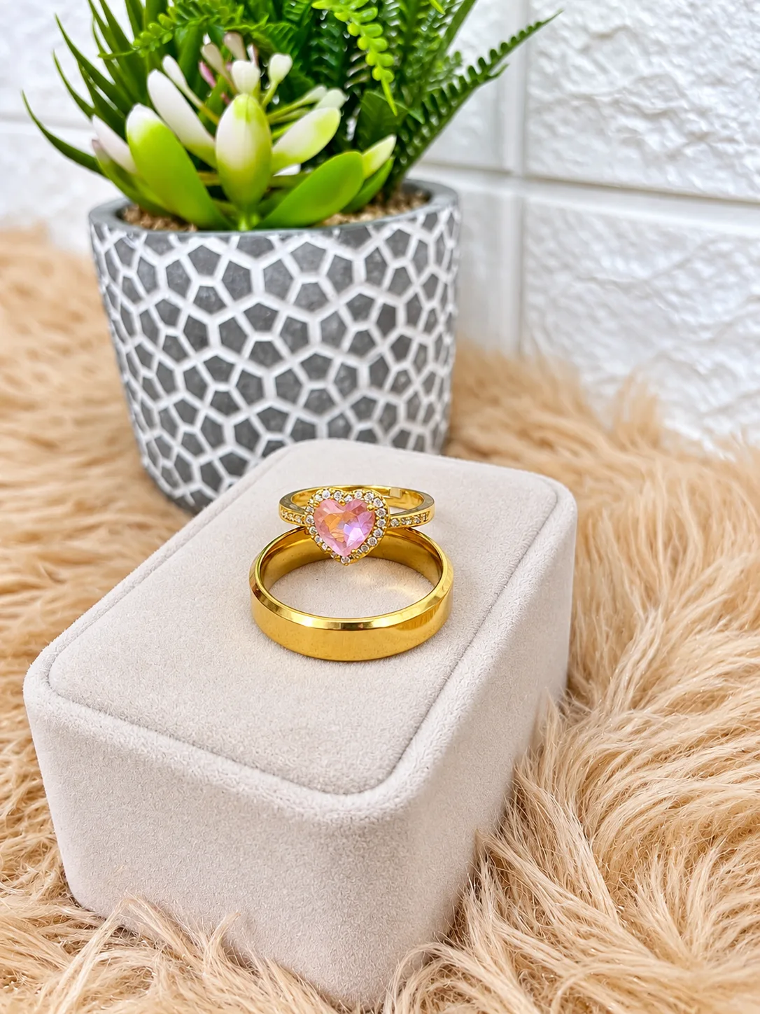 Dúo de Anillos Corazón Rosa Dorado
