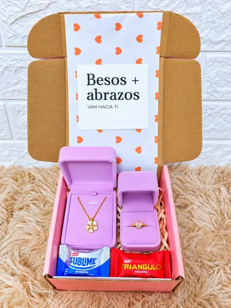Pack Collar Flor y Anillo Corazón Rosa